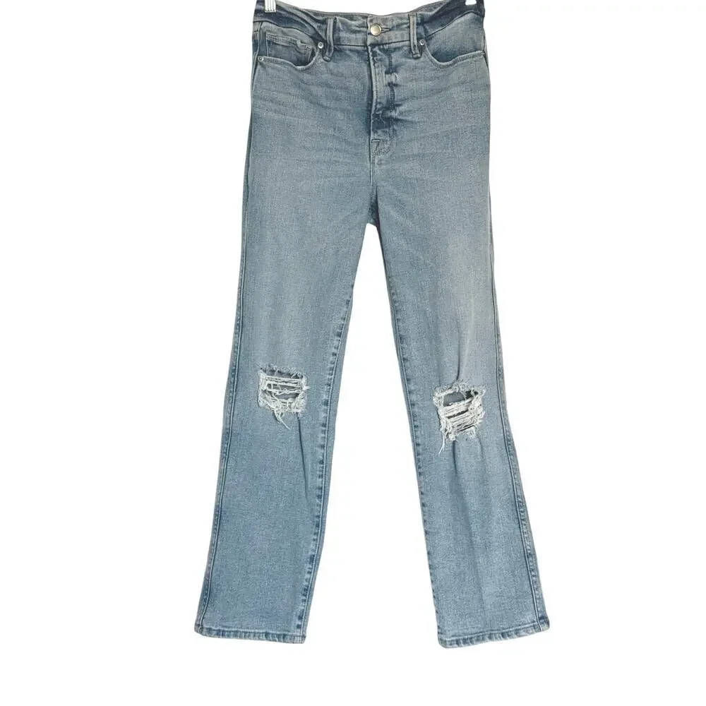 Good American Medium Wash Distressed Straight Leg Blue Jeans GSTL67T - 4/27